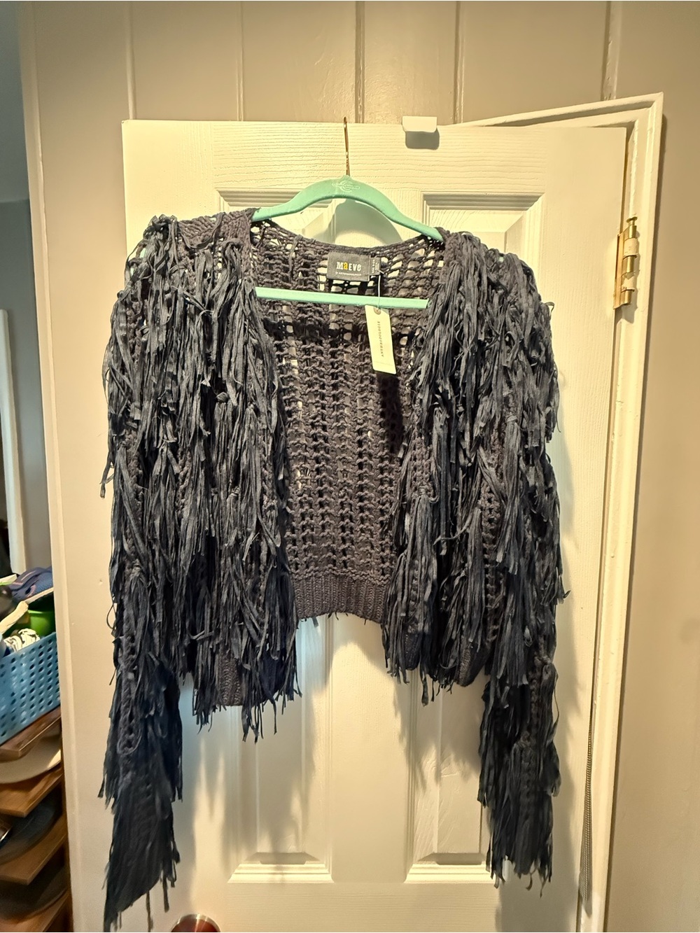 Anthropologie Charcoal Fringe Open Knit Cardigan